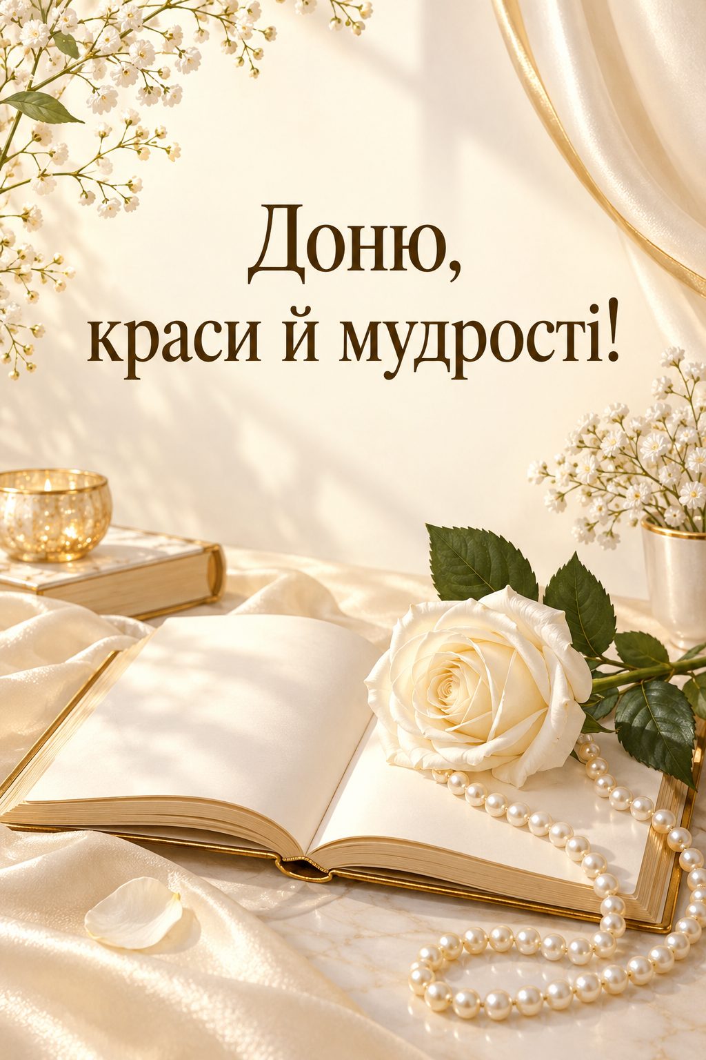 Листівка з днем народження доньці: розгорнута книжка, біла троянда й перли, напис «Доню, краси й мудрості!»
