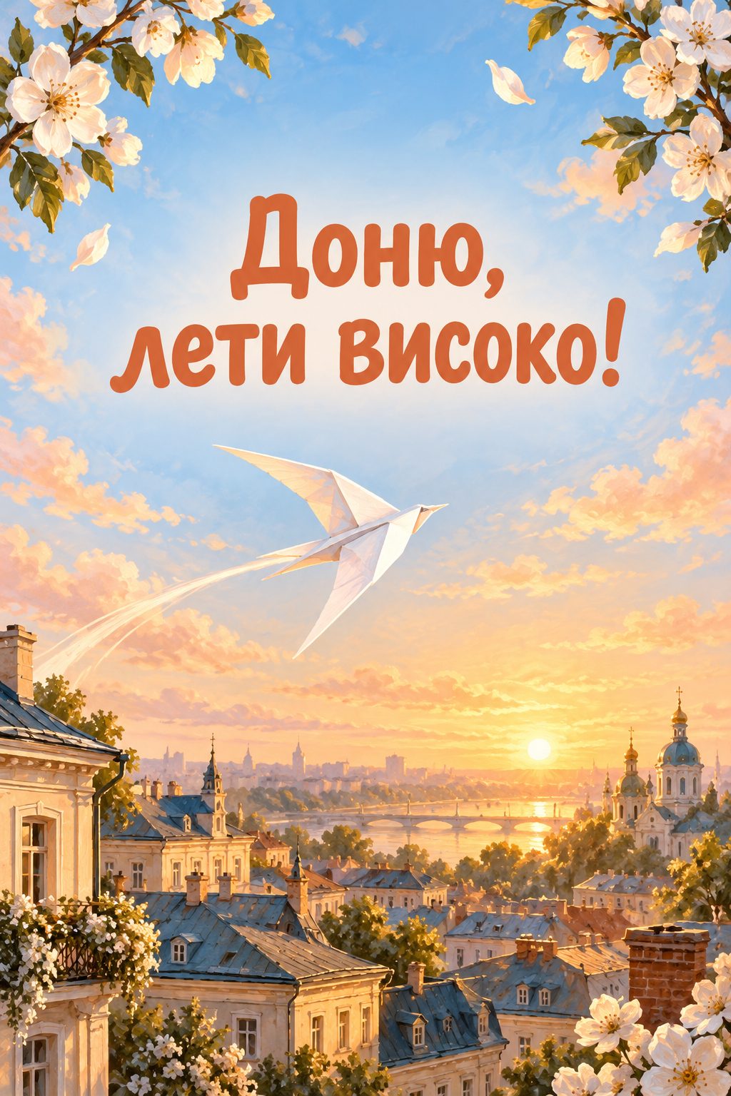 Листівка з днем народження доньці: паперовий літачок над дахами міста на світанку, напис «Доню, лети високо!»
