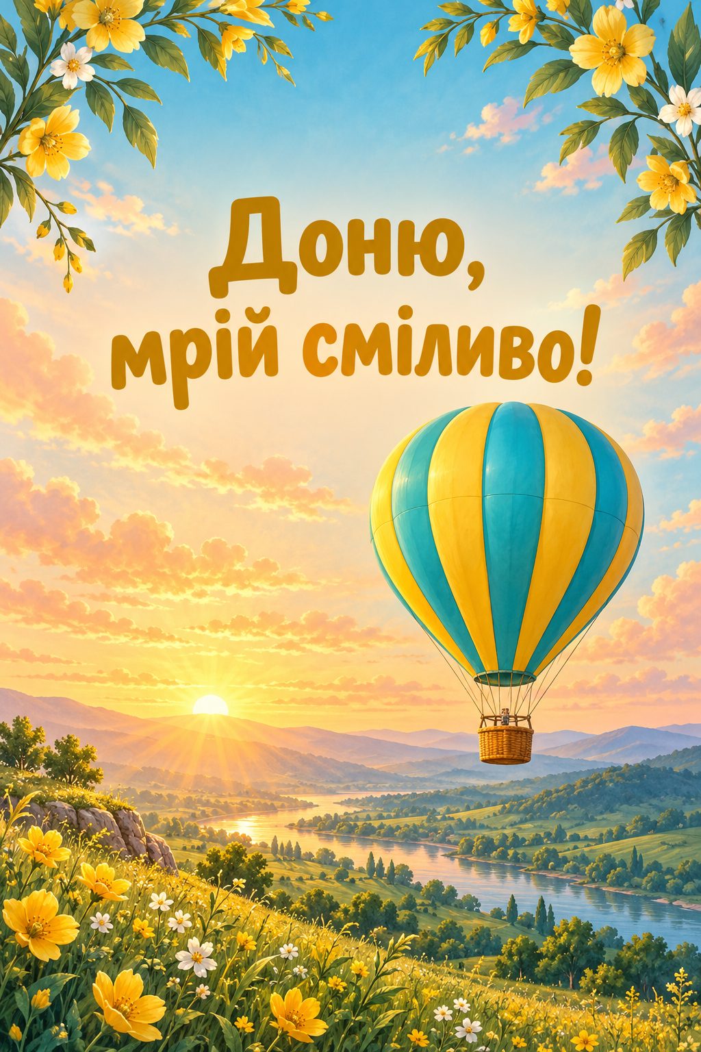 Листівка з днем народження доньці: повітряна куля над зеленими пагорбами на світанку, напис «Доню, мрій сміливо!»