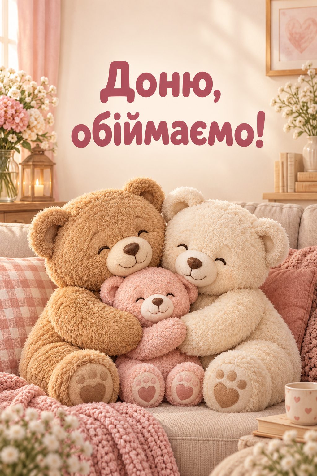 Листівка з днем народження доньці: два великі ведмедики обіймають маленького, напис «Доню, обіймаємо!»