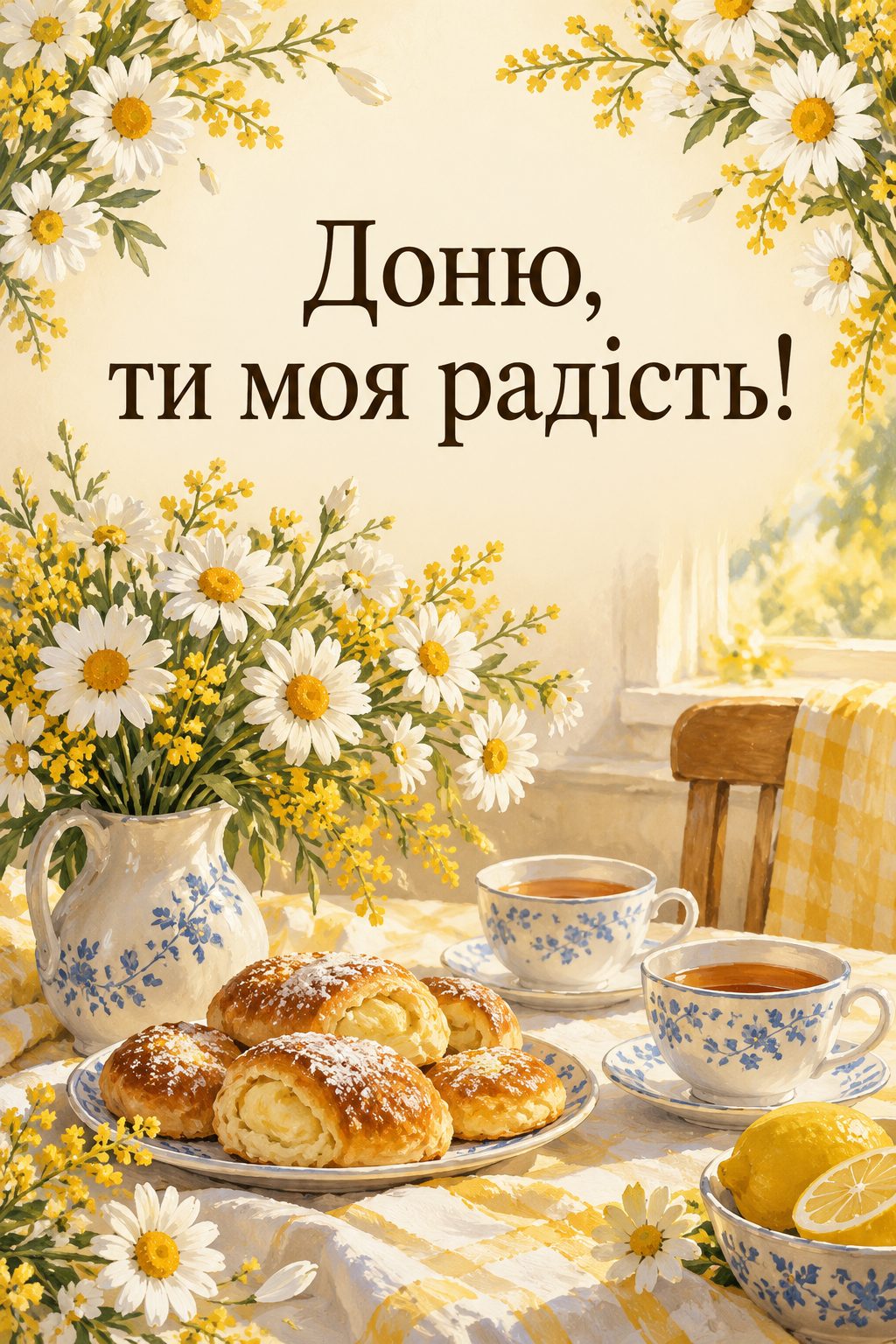 Листівка з днем народження доньці: дві чашки чаю, домашня випічка й ромашки, напис «Доню, ти моя радість!»