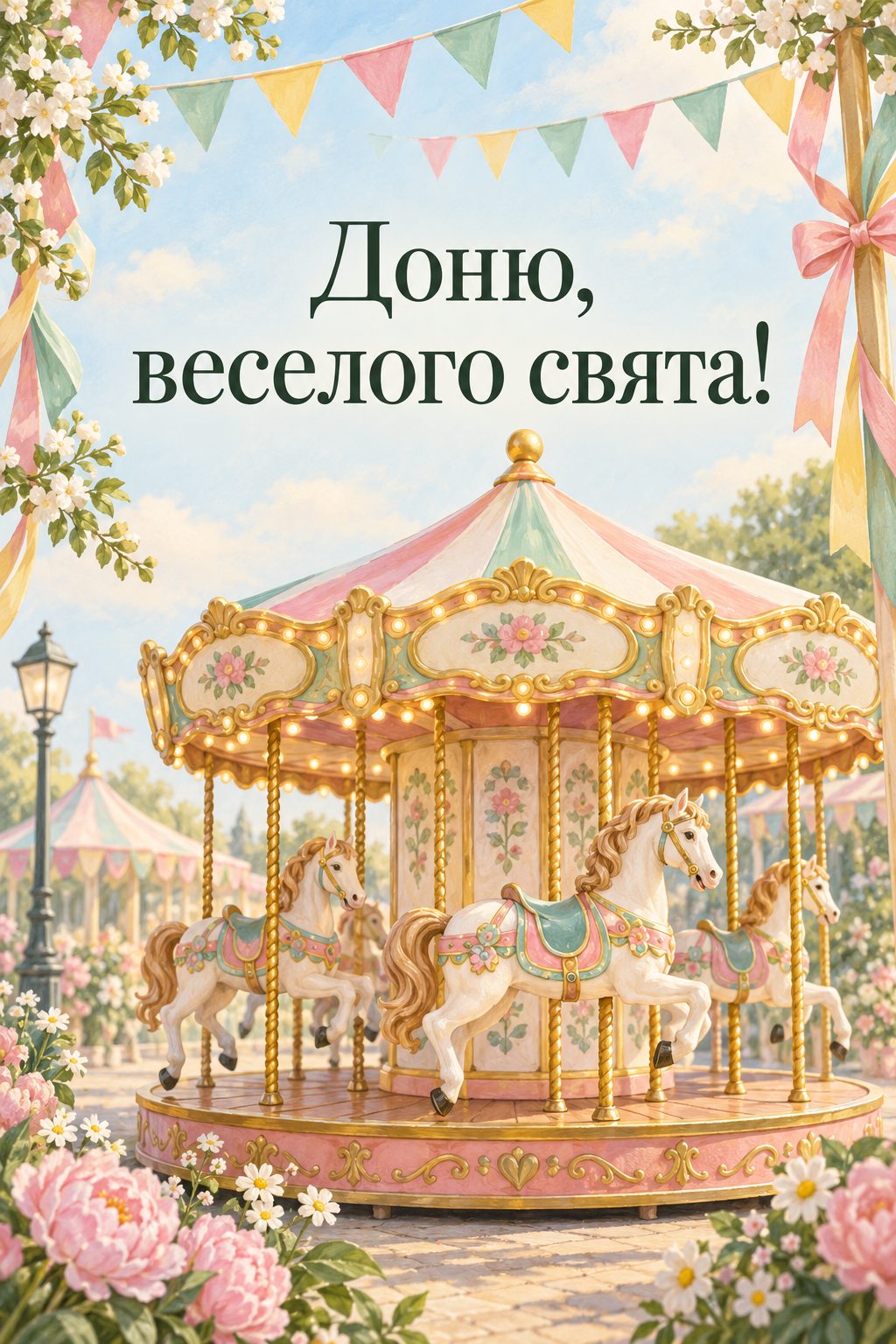Листівка з днем народження доньці: іграшкова карусель із кониками й паперові прапорці, напис «Доню, веселого свята!»