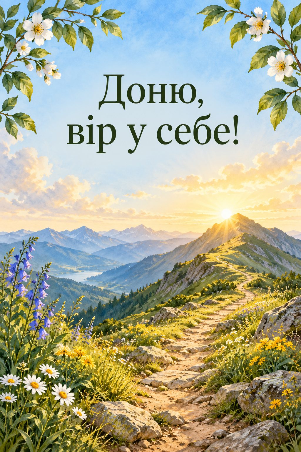 Листівка з днем народження доньці: гірська стежка до осяяної сонцем вершини, напис «Доню, вір у себе!»