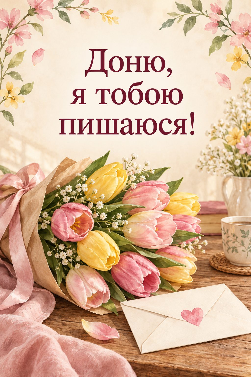 Листівка з днем народження доньці: букет тюльпанів і конверт із сердечком, напис «Доню, я тобою пишаюся!»