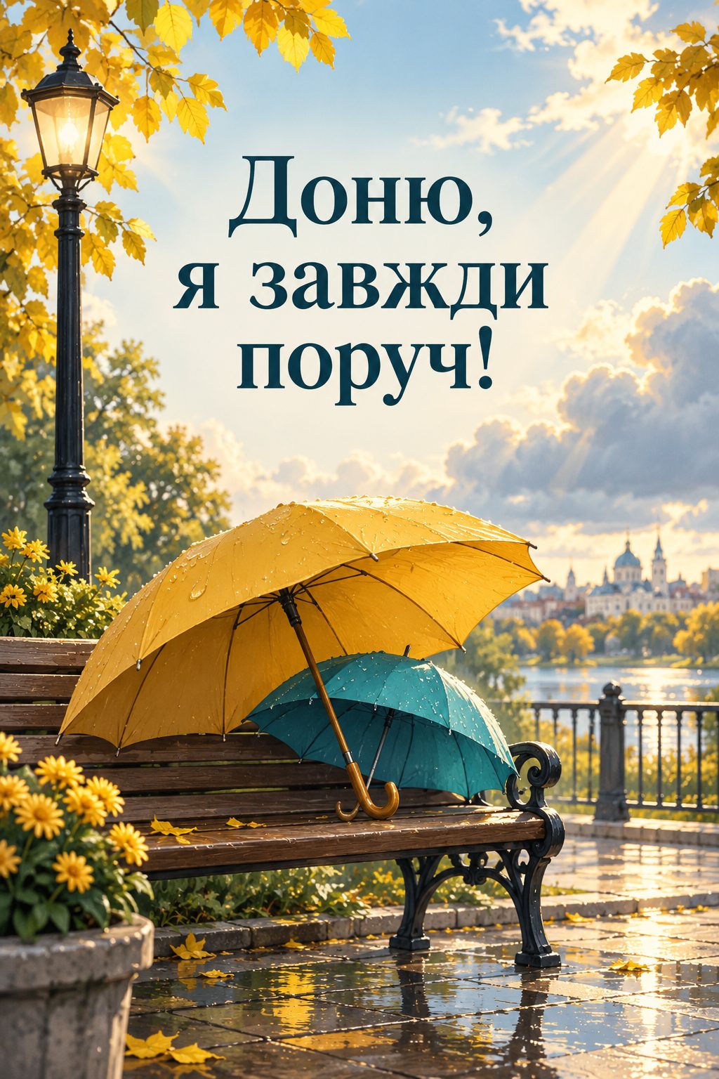 Листівка з днем народження доньці: велика парасолька над маленькою на лавці після дощу, напис «Доню, я завжди поруч!»