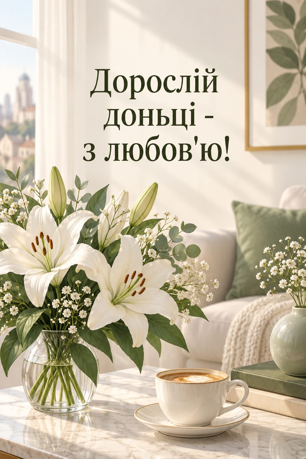 Листівка з днем народження доньці: букет білих лілій і чашка кави, напис «Дорослій доньці - з любов'ю!»