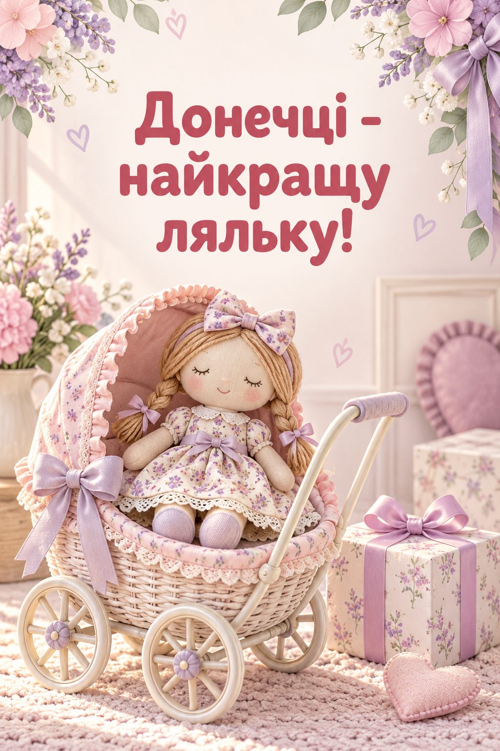 Листівка з днем народження доньці: лялька в квітчастій сукенці в іграшковому візочку, напис «Донечці - найкращу ляльку!»