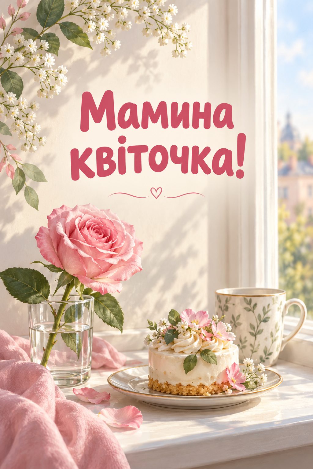 Листівка з днем народження доньці: рожева троянда у склянці й маленький торт на підвіконні, напис «Мамина квіточка!»