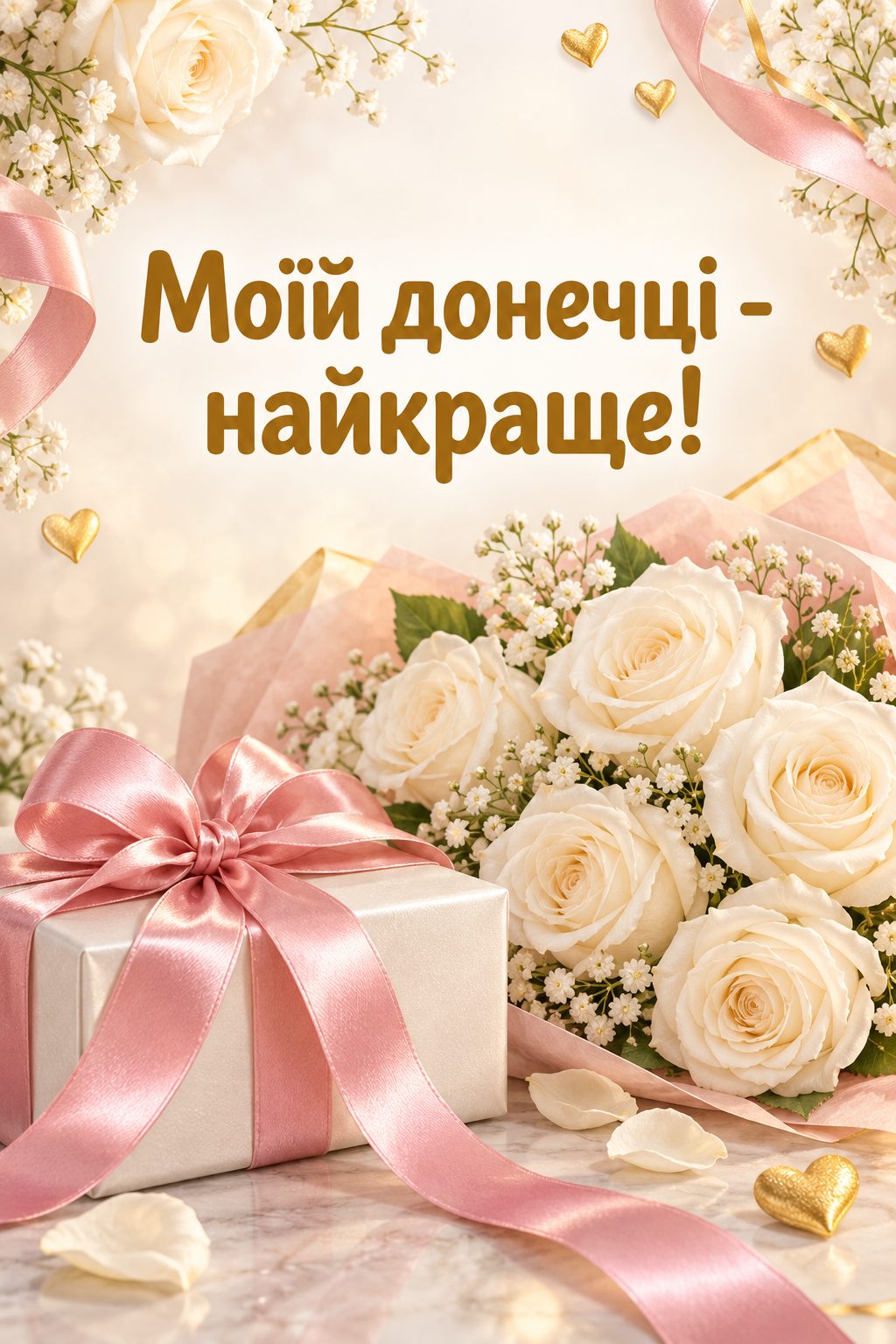 Листівка з днем народження доньці: подарунок із рожевою стрічкою й букет білих троянд, напис «Моїй донечці - найкраще!»