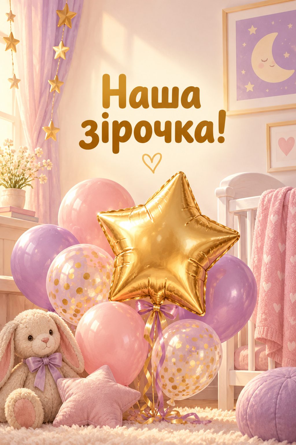Листівка з днем народження доньці: золота кулька-зірка серед пастельних кульок, напис «Наша зірочка!»