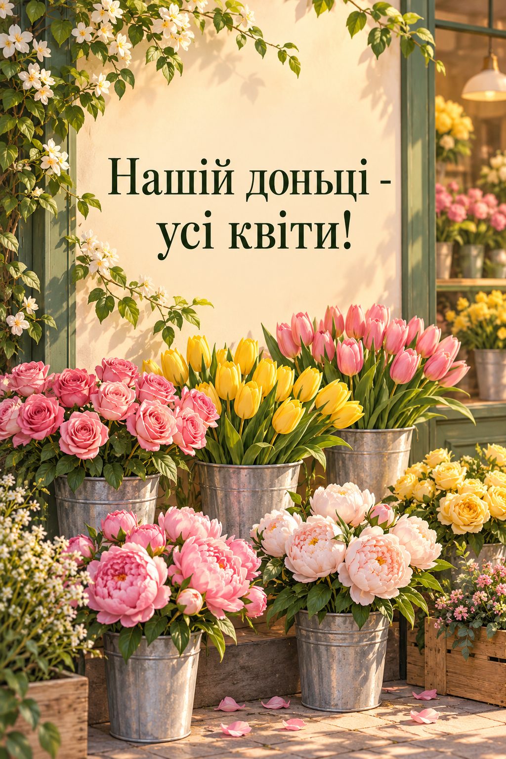 Листівка з днем народження доньці: вітрина з відрами троянд, тюльпанів і півоній, напис «Нашій доньці - усі квіти!»