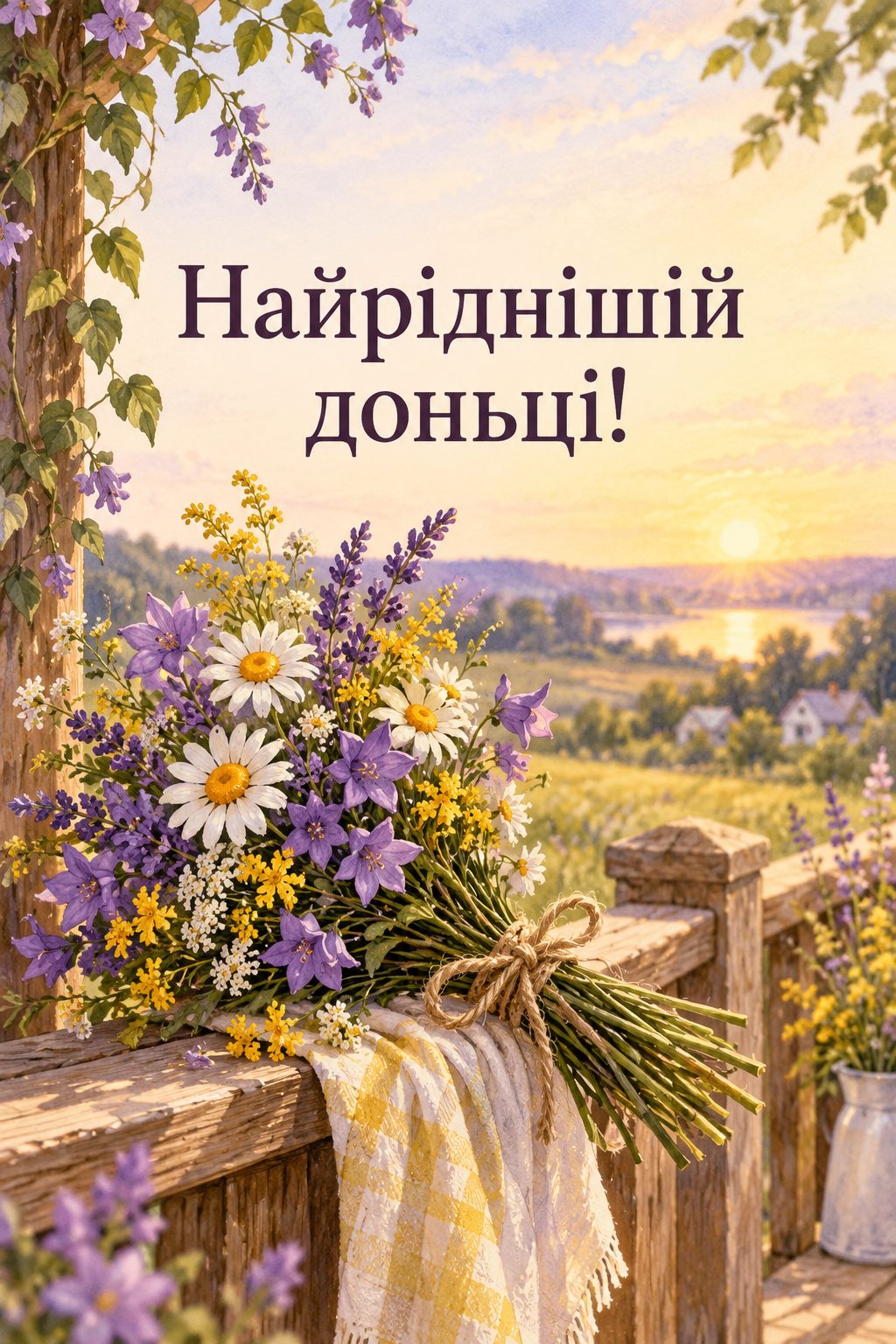 Листівка з днем народження доньці: букет польових квітів на поруччі ґанку, напис «Найріднішій доньці!»