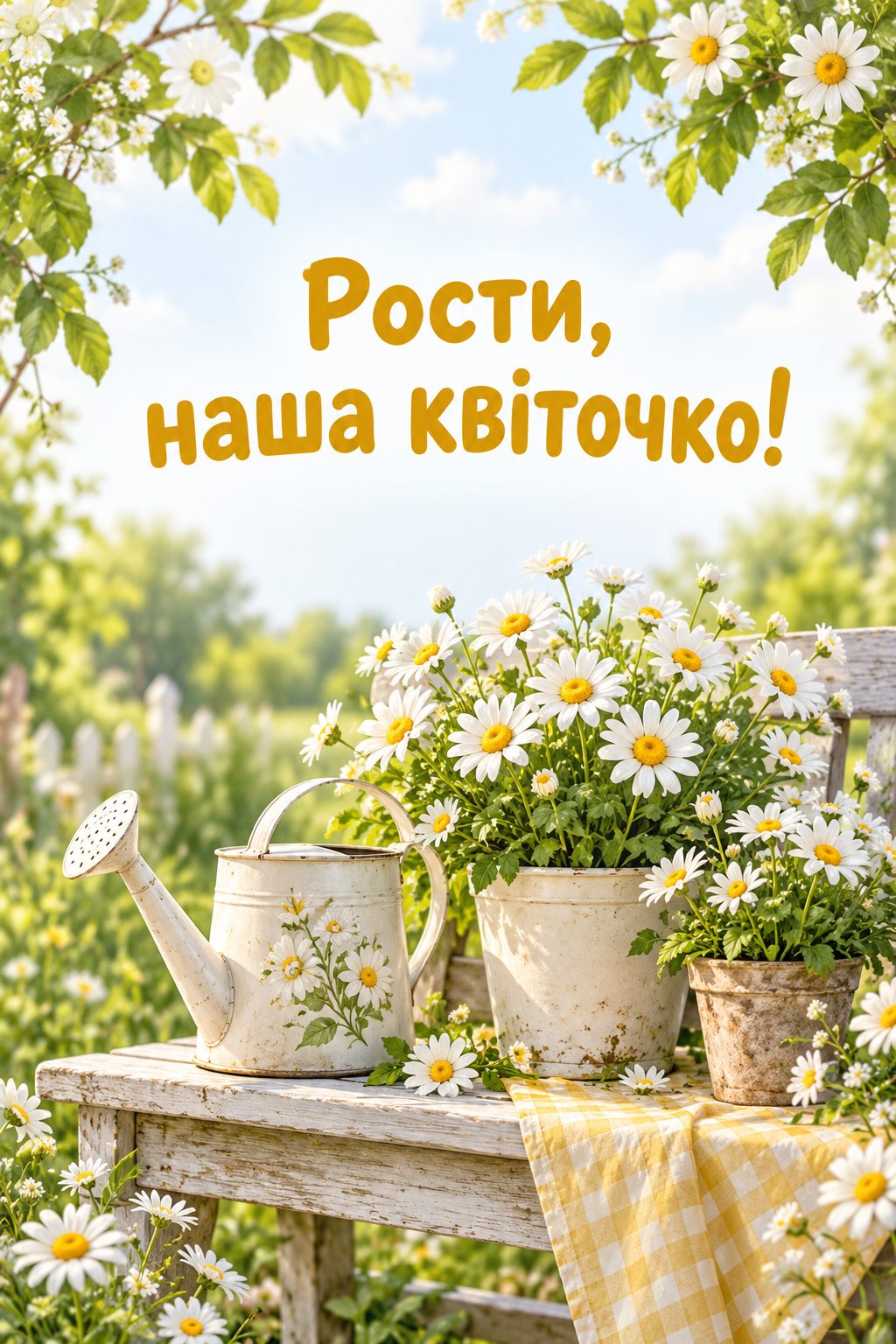 Листівка з днем народження доньці: маленька лійка й горщики з ромашками на лавці, напис «Рости, наша квіточко!»
