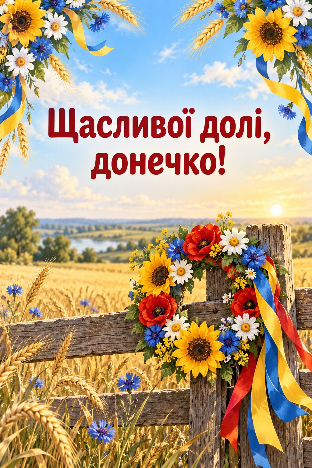 Листівка з днем народження доньці: вінок зі стрічками на паркані біля пшеничного поля, напис «Щасливої долі, донечко!»