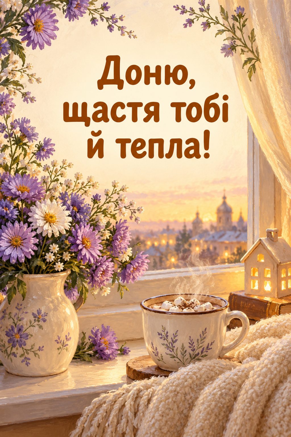 Листівка з днем народження доньці: чашка какао, плед і букет айстр на підвіконні, напис «Доню, щастя тобі й тепла!»