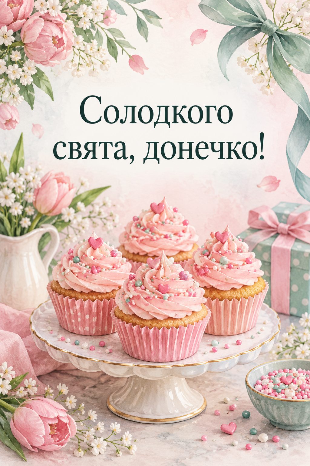 Листівка з днем народження доньці: капкейки з рожевим кремом на підставці, напис «Солодкого свята, донечко!»