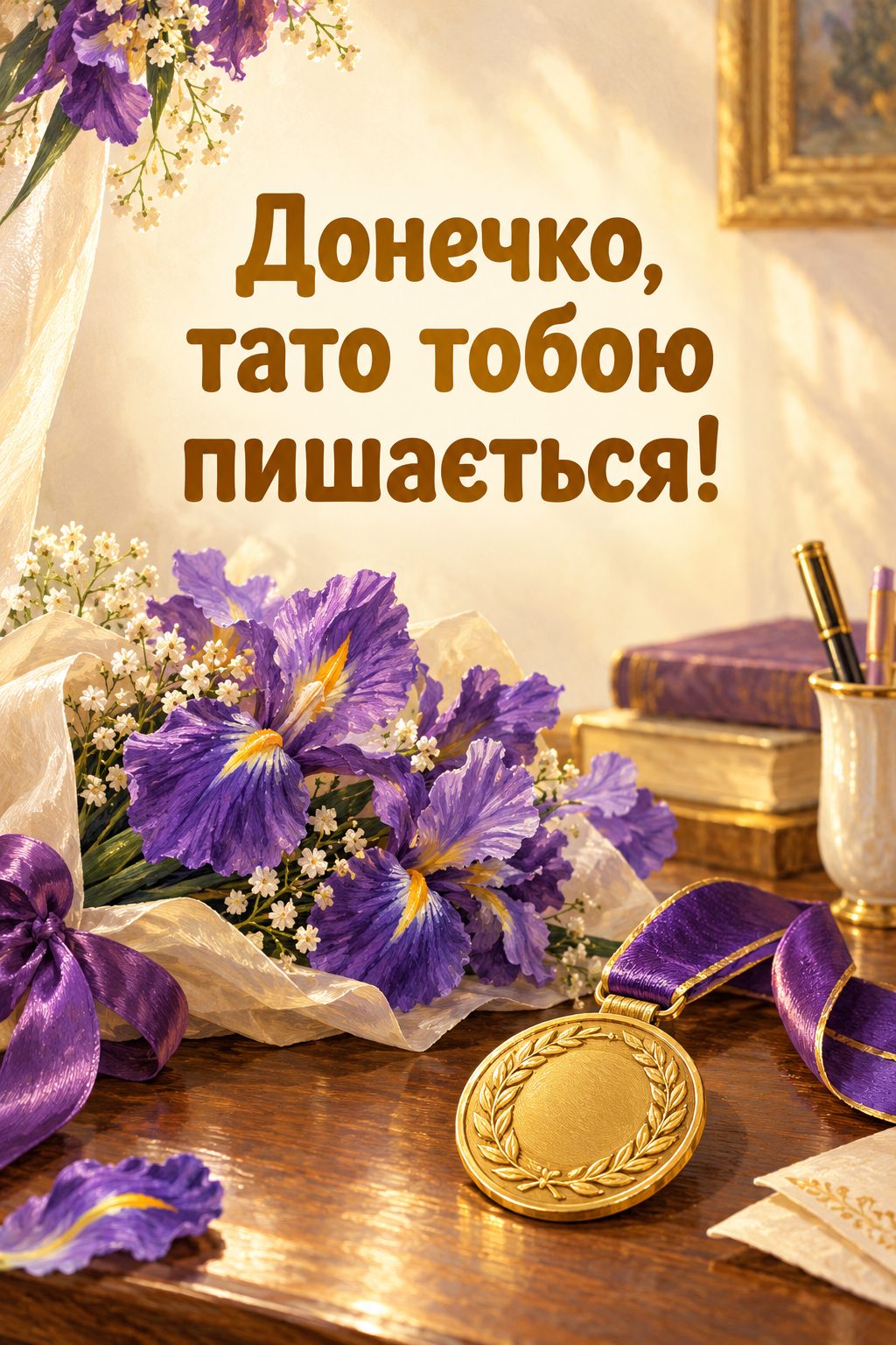 Листівка з днем народження доньці: золота медаль і букет ірисів на столі, напис «Донечко, тато тобою пишається!»
