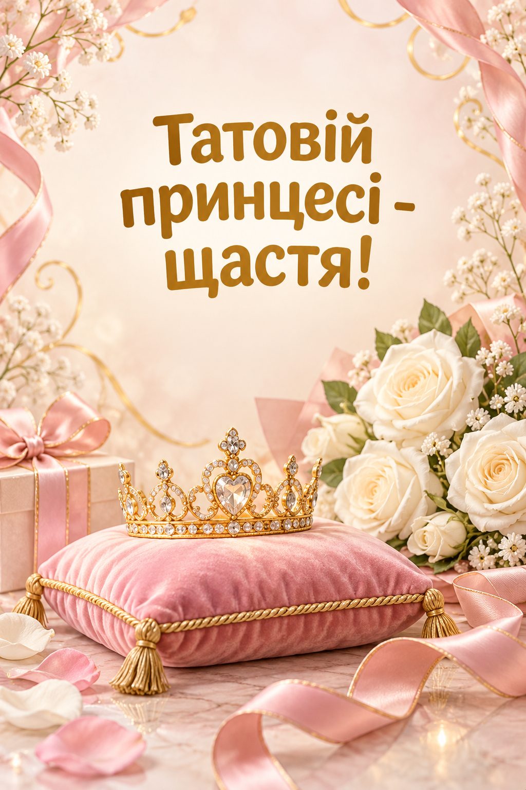 Листівка з днем народження доньці: золота корона на рожевій подушечці й білі троянди, напис «Татовій принцесі - щастя!»