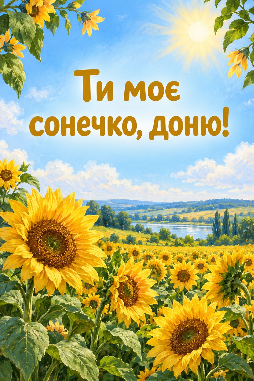 Листівка з днем народження доньці: поле соняшників під ясним небом, напис «Ти моє сонечко, доню!»
