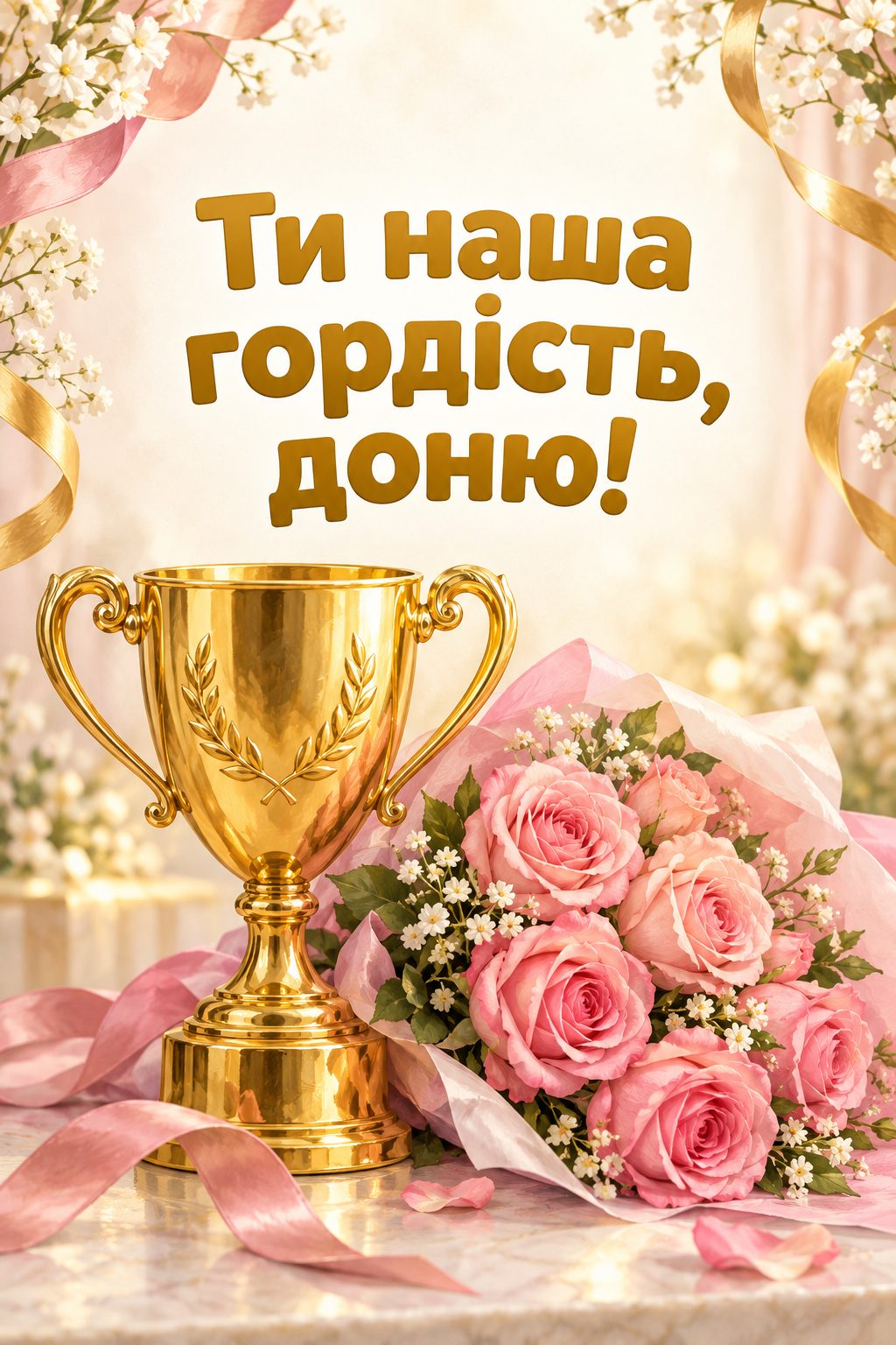 Листівка з днем народження доньці: золотий кубок і букет рожевих троянд, напис «Ти наша гордість, доню!»