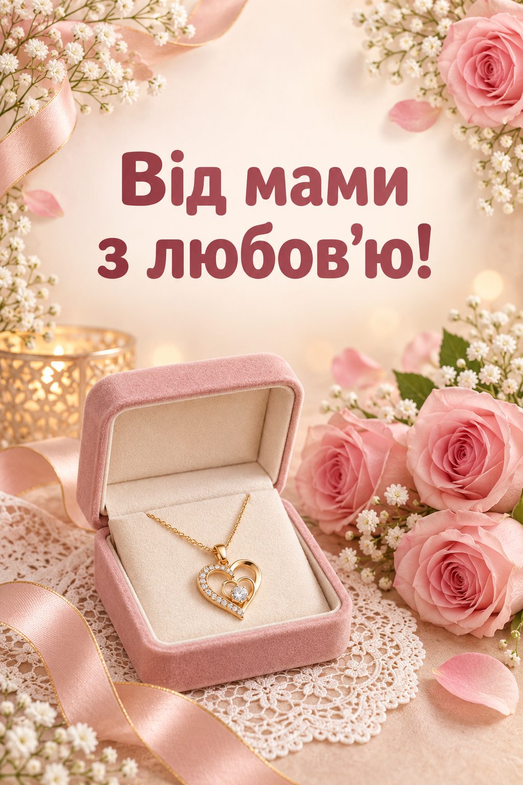 Листівка з днем народження доньці: скринька з кулоном на мереживній серветці й рожеві троянди, напис «Від мами з любов'ю!»