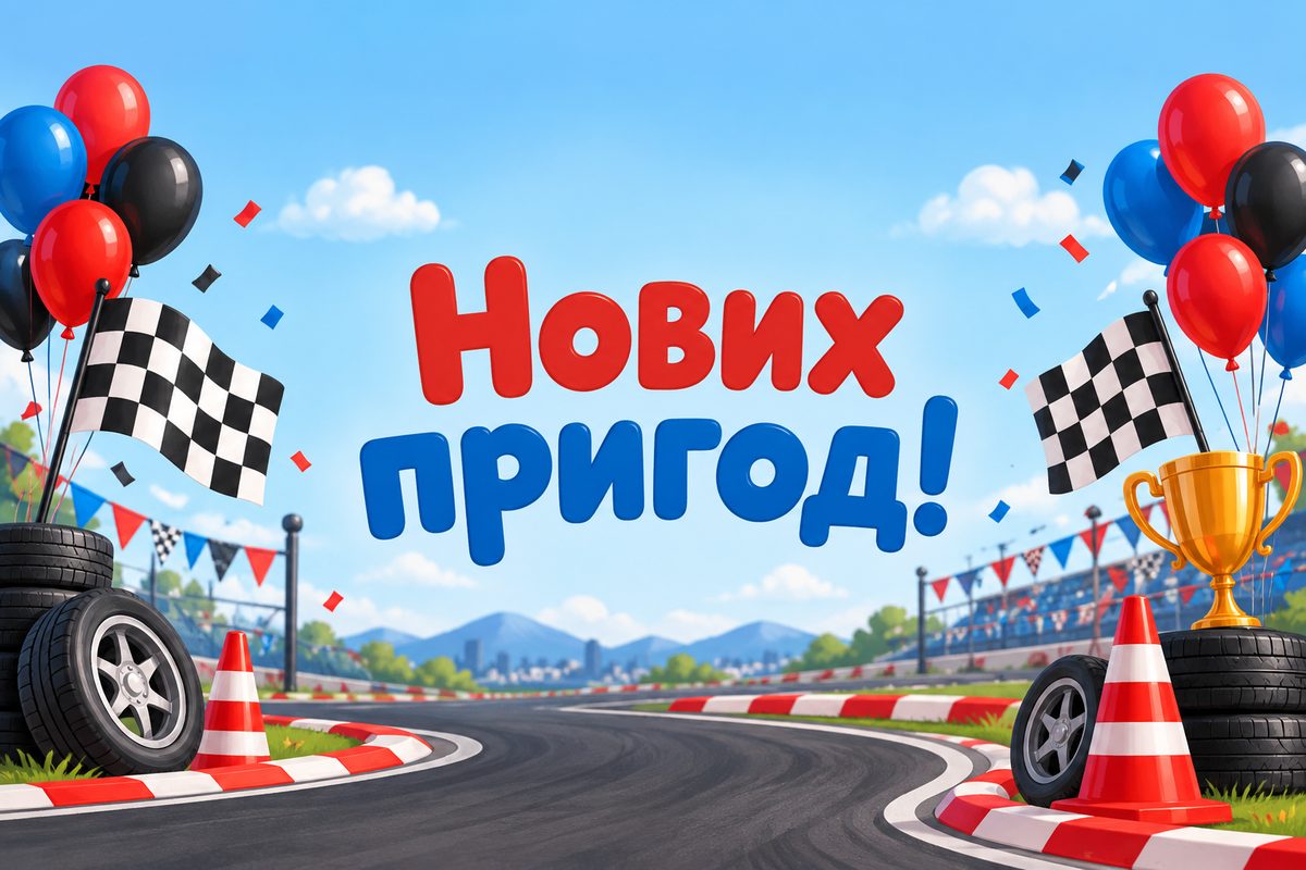 Листівка з днем народження дитині: перегонова траса з машинками, напис «Нових пригод!»