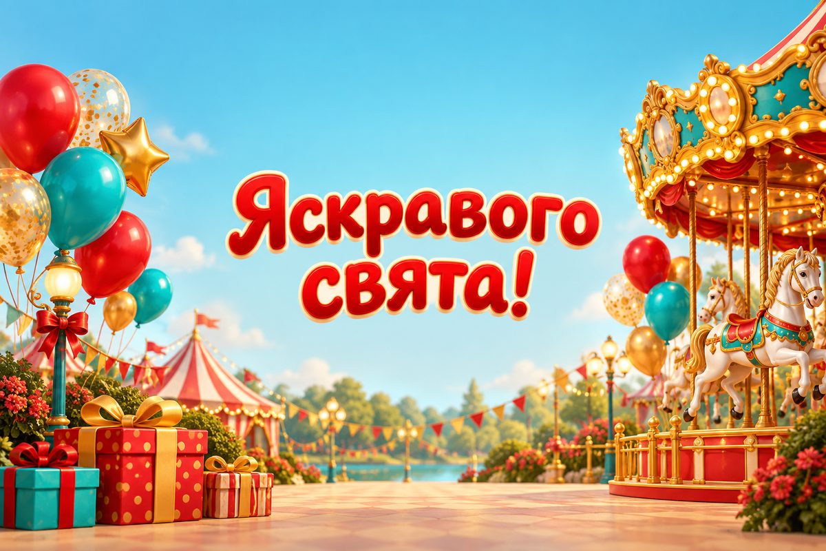 Листівка з днем народження дитині: карусель із кульками й вогниками, напис «Яскравого свята!»