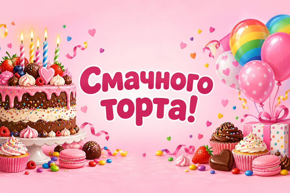 Листівка з днем народження дитині: яскравий торт із цукерками, напис «Смачного торта!»