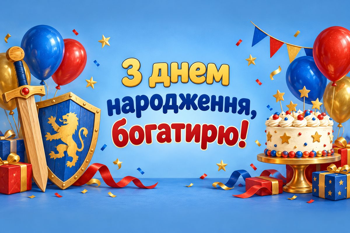 Листівка з днем народження дитині: іграшкові меч і щит з кульками, напис «З днем народження, богатирю!»