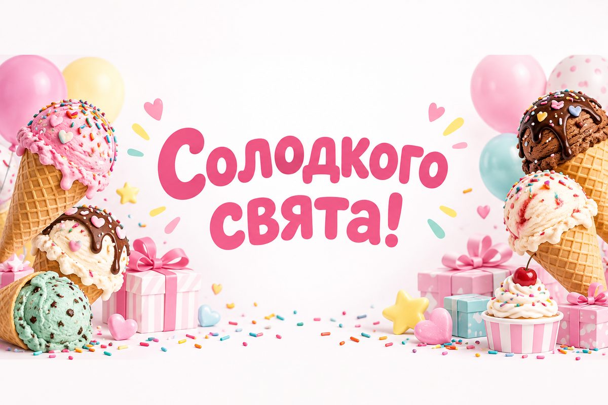 Листівка з днем народження дитині: свято з морозивом, напис «Солодкого свята!»