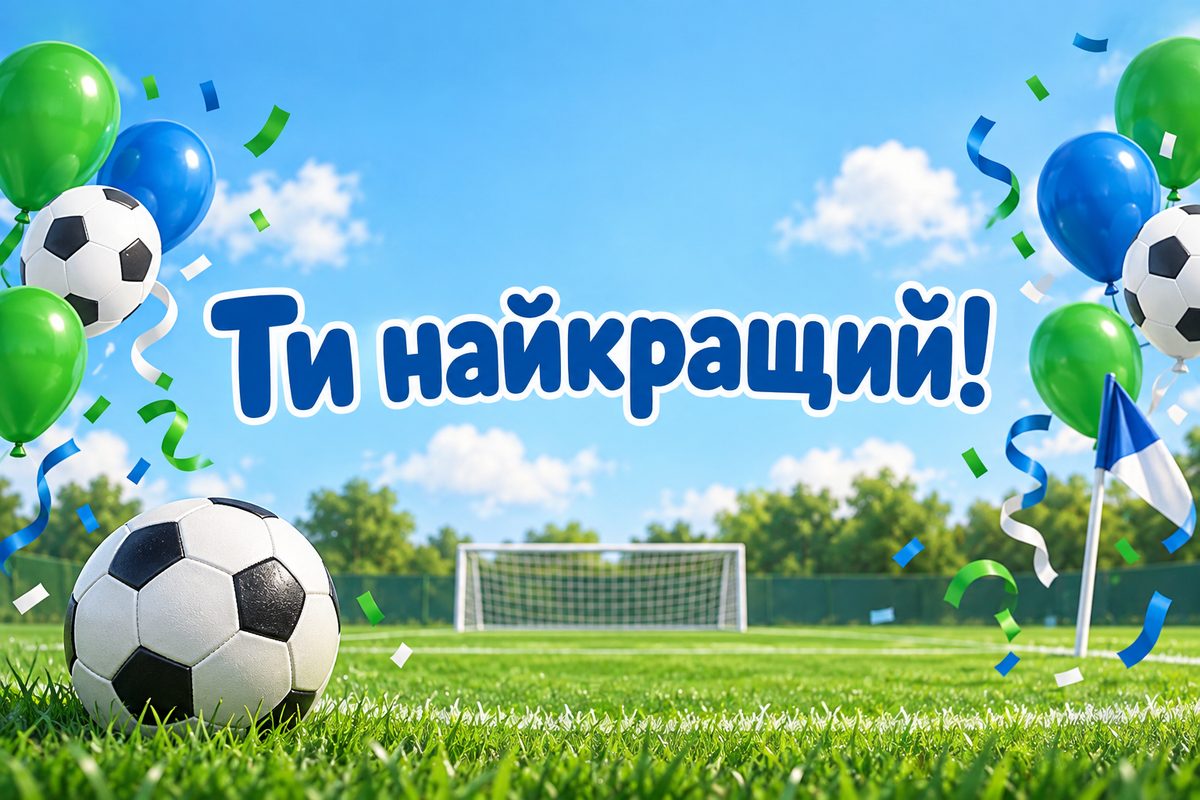 Листівка з днем народження дитині: мʼяч, ворота й конфеті, напис «Ти найкращий!»
