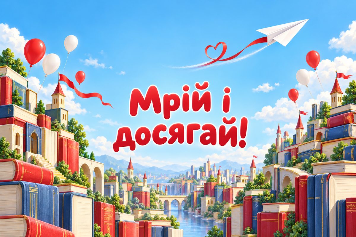 Листівка з днем народження дитині: паперовий літачок над містом книжок, напис «Мрій і досягай!»