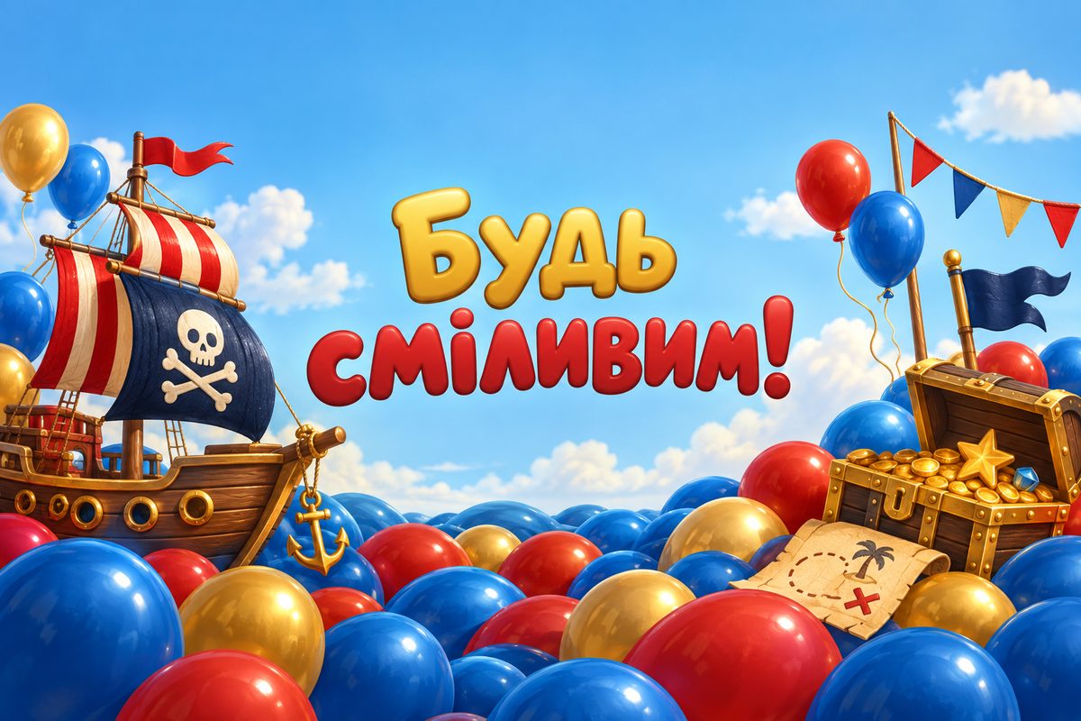 Листівка з днем народження дитині: іграшковий піратський корабель, напис «Будь сміливим!»