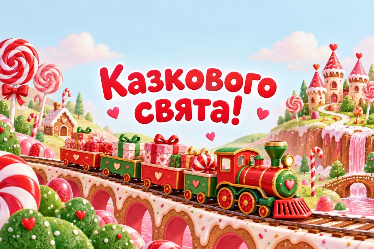 Листівка з днем народження дитині: потяг із подарунками в країні солодощів, напис «Казкового свята!»
