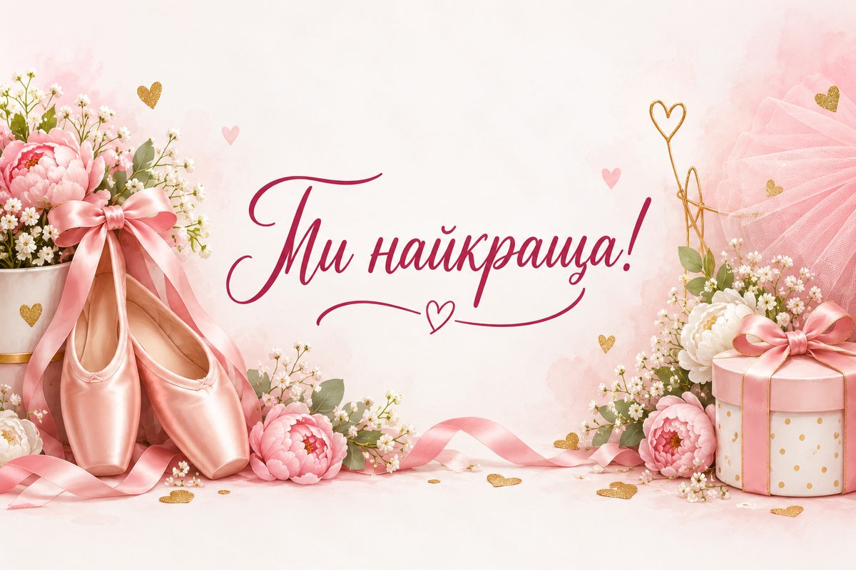 Листівка з днем народження дитині: пуанти, квіти й подарунок, напис «Ти найкраща!»