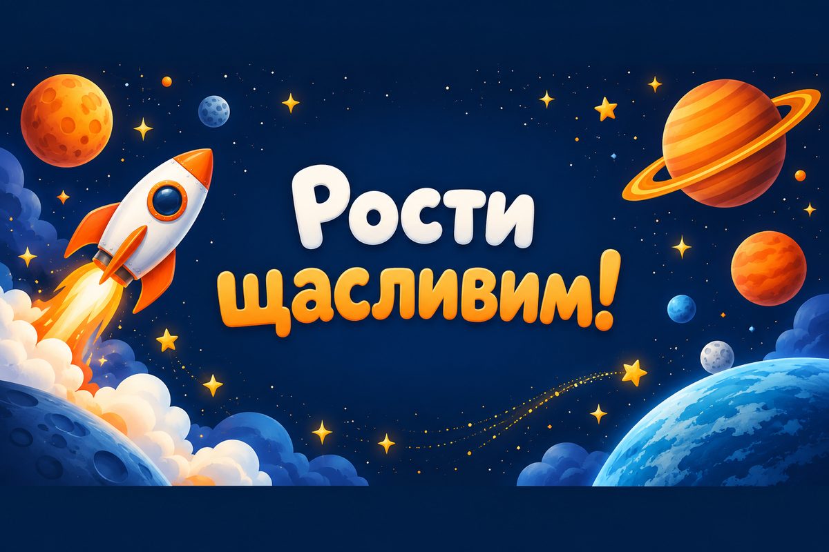 Листівка з днем народження дитині: ракета серед планет, напис «Рости щасливим!»