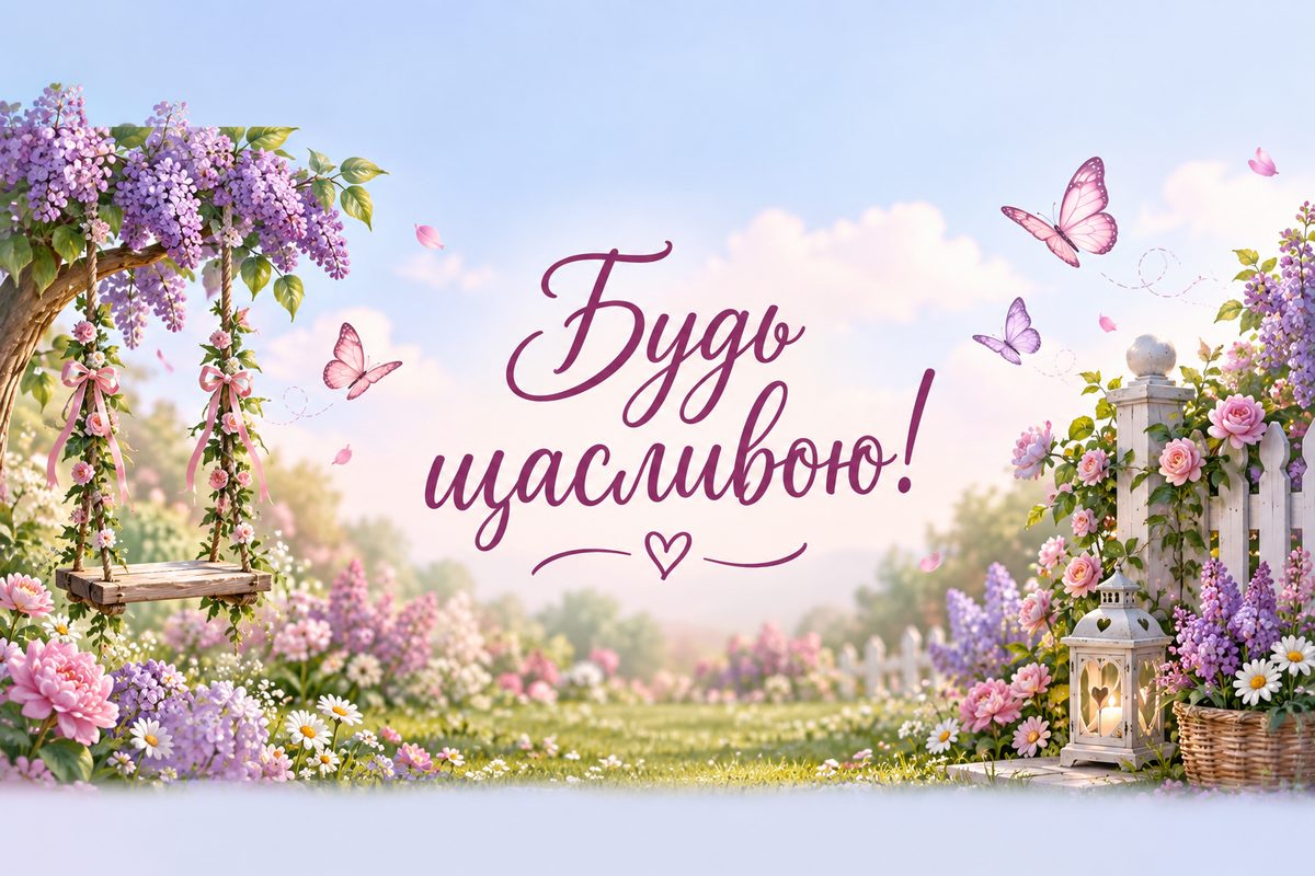 Листівка з днем народження дитині: сад із метеликами й гойдалкою, напис «Будь щасливою!»