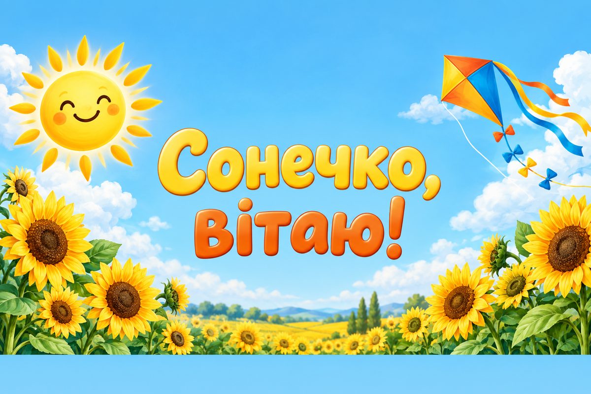 Листівка з днем народження дитині: сонечко, соняшники й повітряний змій, напис «Сонечко, вітаю!»