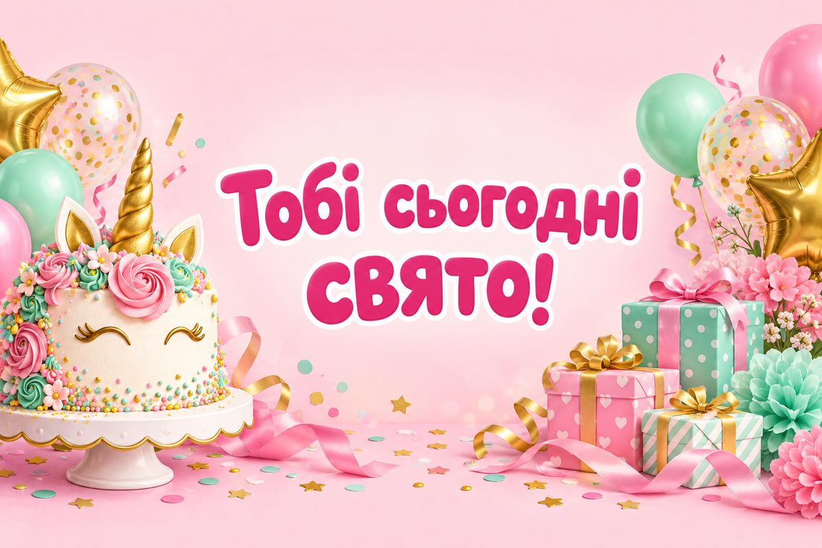 Листівка з днем народження дитині: торт-єдиноріг із посипкою, напис «Тобі сьогодні свято!»