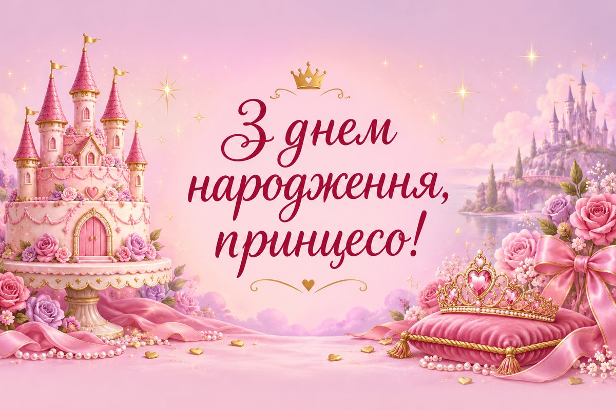 Листівка з днем народження дитині: рожевий торт-замок і тіара, напис «З днем народження, принцесо!»