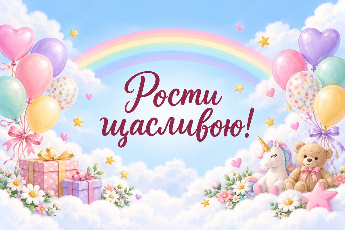 Листівка з днем народження дитині: веселка, хмарки й кульки, напис «Рости щасливою!»