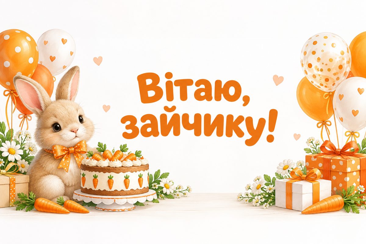 Листівка з днем народження дитині: зайчик і морквяний торт, напис «Вітаю, зайчику!»