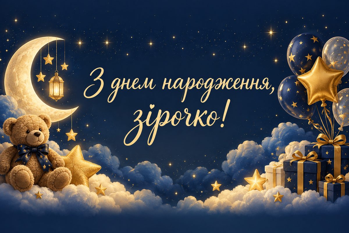 Листівка з днем народження дитині: зоряне небо, місяць і ведмедик, напис «З днем народження, зірочко!»
