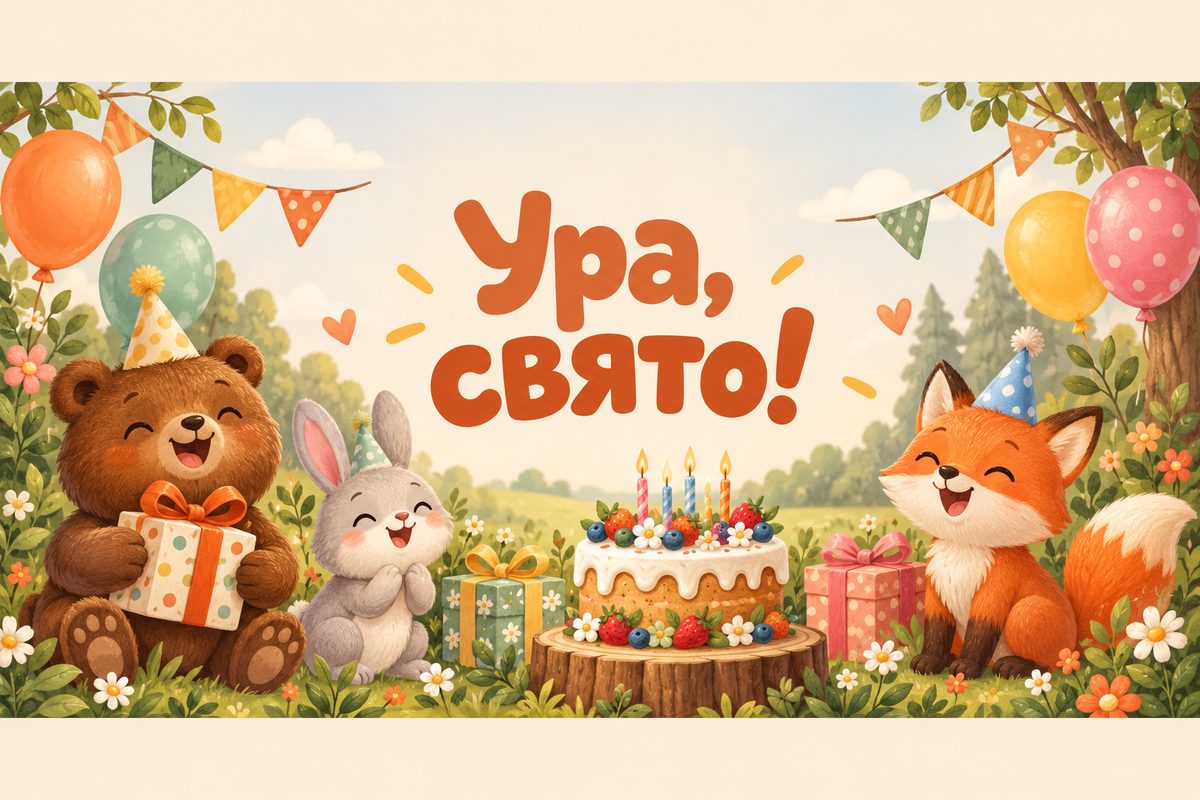 Листівка з днем народження дитині: ведмедик, зайчик і лисичка на святі, напис «Ура, свято!»