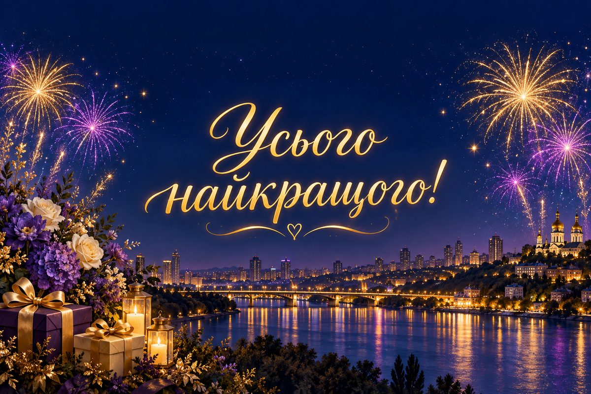 Листівка з днем народження: феєрверк над нічним містом, напис «Усього найкращого!»