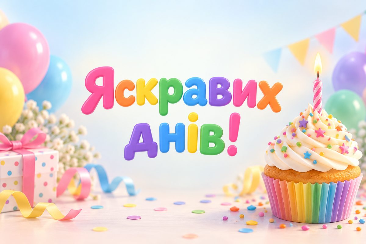 Листівка з днем народження: капкейк зі свічкою, напис «Яскравих днів!»