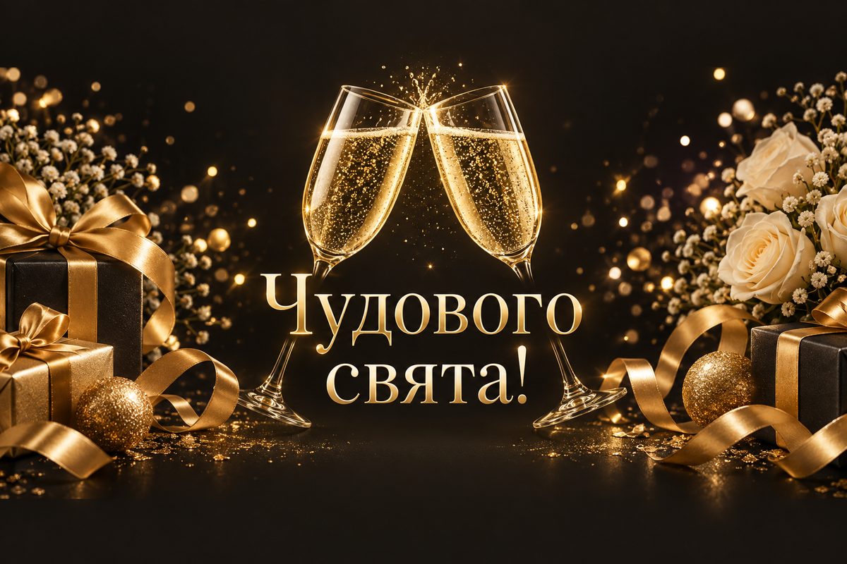 Листівка з днем народження: келихи шампанського з іскрами, напис «Чудового свята!»