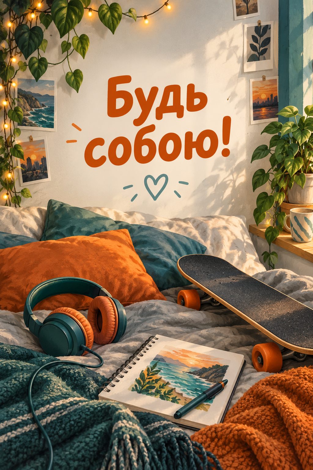 Листівка з днем народження хлопчику: навушники, скейтборд і скетчбук на ліжку, напис «Будь собою!»