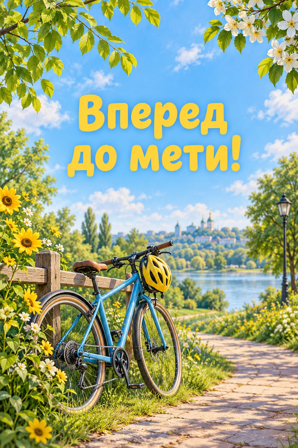 Листівка з днем народження хлопчику: велосипед зі шоломом біля паркану в парку, напис «Вперед до мети!»