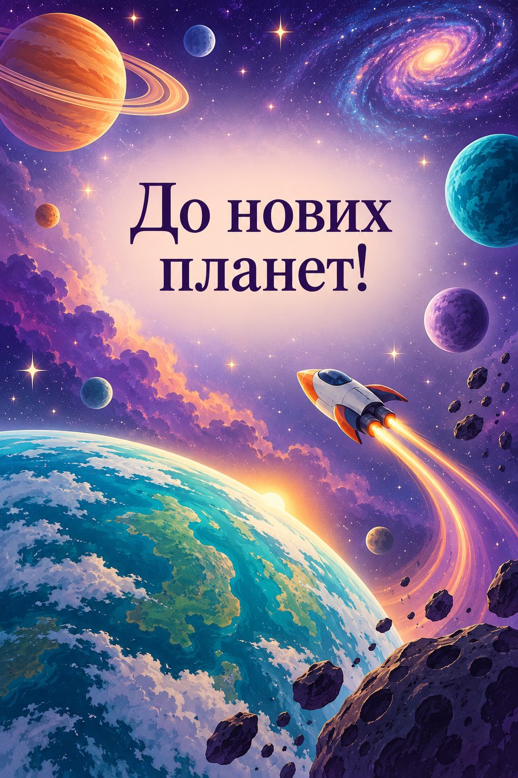 Листівка з днем народження хлопчику: різнокольорові планети й маленький космічний корабель, напис «До нових планет!»